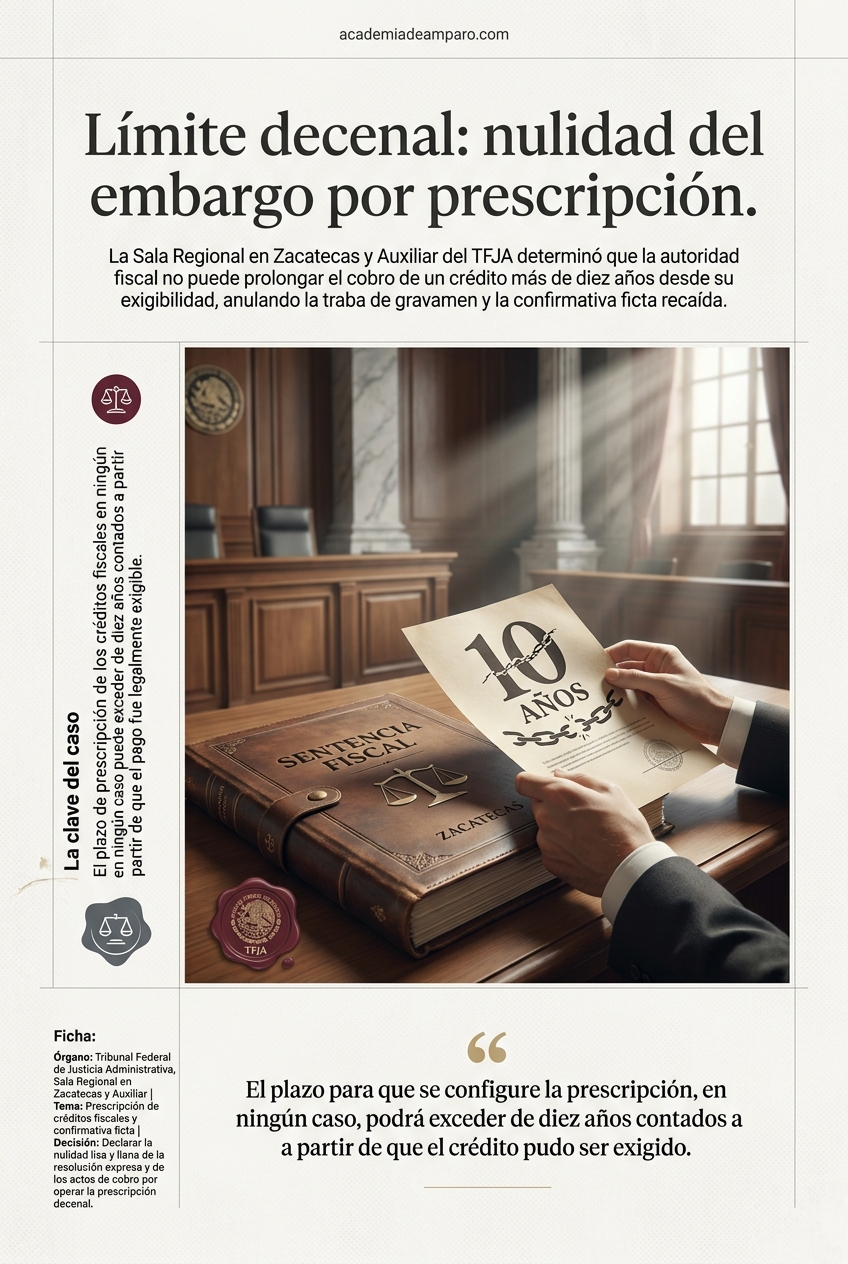 El TFJA anula embargo por prescripción decenal de créditos fiscales