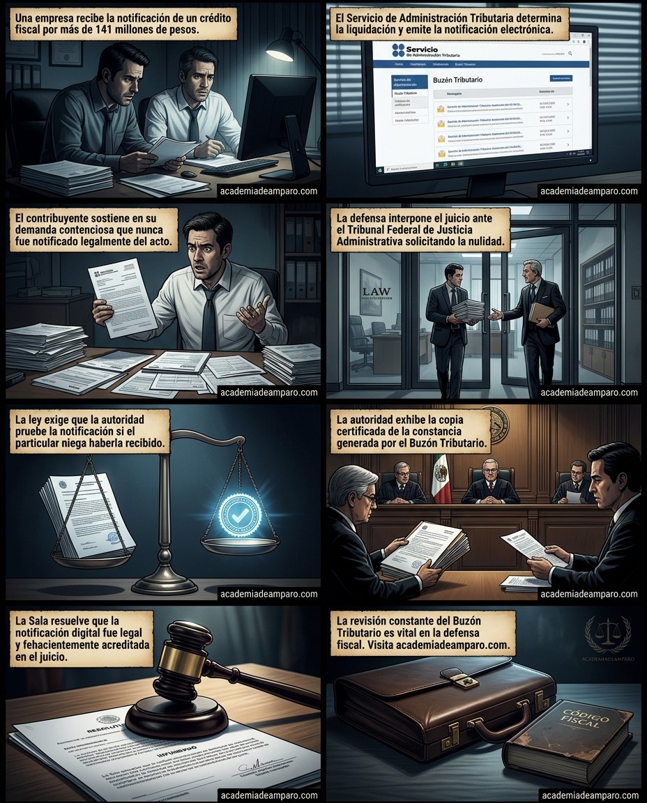 Historieta que explica el caso: Buzón tributario: el TFJA valida aviso y notificación (2026)