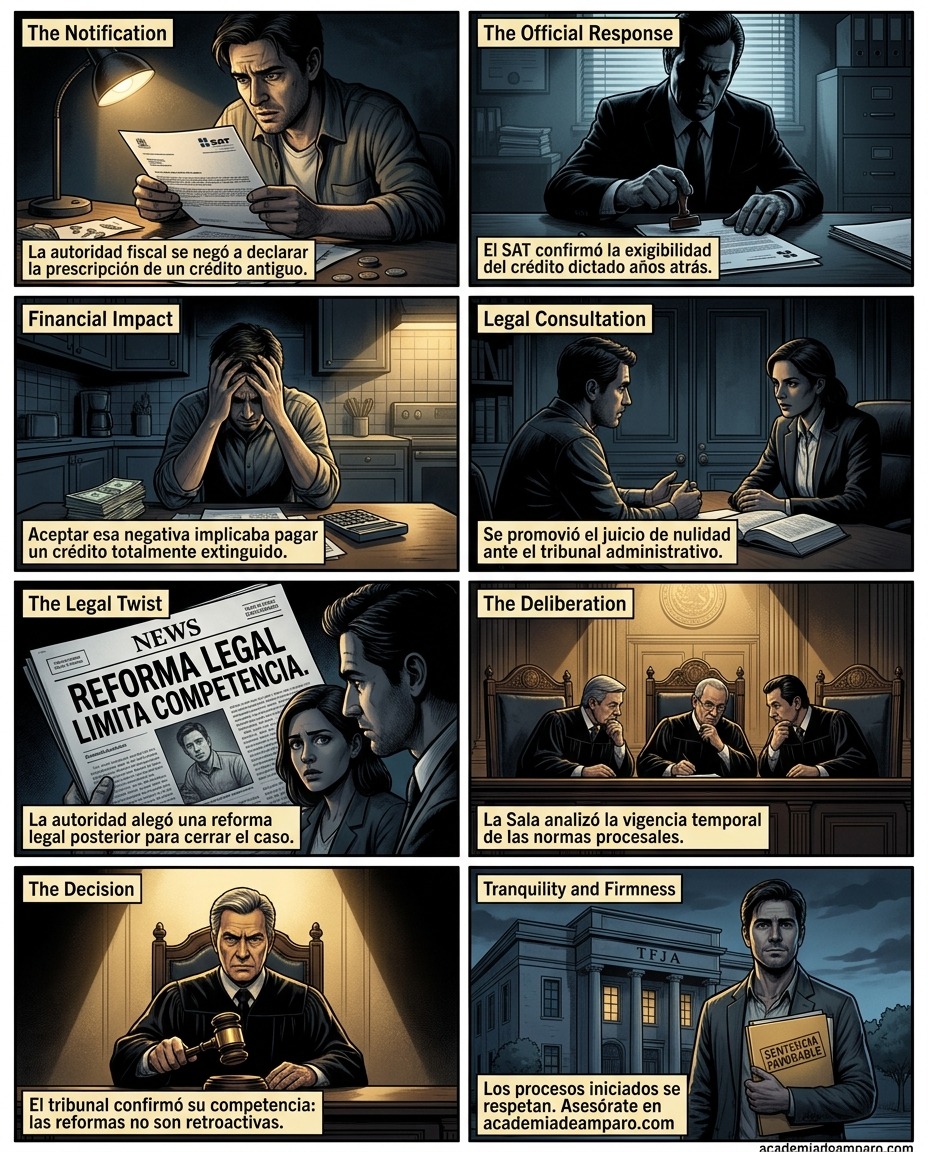 Historieta que explica el caso: Reforma procesal y prescripción: el TFJA otorga nulidad (2026)